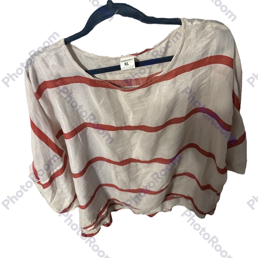 NWOT yuzao beige sheer quarter sleeve striped blouse size X-Large Lenin poly